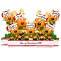 Customized Christmas reindeer family of 7 resin ornament with names and banner - Painted Reindeer Head Style (Seven Heads)
