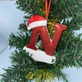 Sparkly red letter N Christmas tree ornament with Santa hat and snow base detail - Letter N (Style N)
