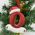 Sparkly red letter O Christmas tree ornament with a festive Santa hat and holly leaves - Letter O (Style O)