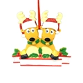 Customizable resin Christmas reindeer ornament with red glitter hats and white banner - Printed Reindeer Head Style (Two Heads)