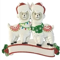 Customizable resin alpaca couple Christmas ornament with festive hats and blank banner - 2 Alpacas Family Style