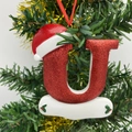 Sparkly red letter U Christmas tree ornament with Santa hat and DIY banner for names - Letter U (Style U)