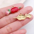 Lip and rose charm pendant in red and pink drip oil finish with golden back - Red Lips Biting Rose Style (21188)
