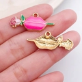 Pink drip oil pink lip with rose charm pendant in gold finish for jewelry making - Pink Lips Biting Rose Style (21189)