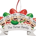 Customized Christmas family ornament with 6 elves and The Turner Family name banner - Style E