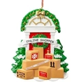 Ornamento natalizio casa Online Shopper in resina con pacchi e nastro rosso - Porta dello Shopper Online