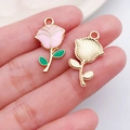 DIY rose pendant in pink and green oil drip finish with golden alloy base and loop - Pink Rose Style (21195)