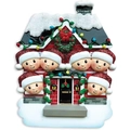 Christmas snowman family of 6 house ornament with red sequins and festive wreath - 6 Person Family House Snowman Ornament