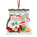 Family Christmas resin ornament 2024 featuring three people and golden retriever by fireplace - 3-Member Family Style