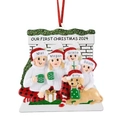 Customized 2024 family Christmas tree ornament featuring a cozy fireplace and pet dog - 4-Member Family Style