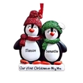 Custom Penguin Couple Christmas Ornament with Mr. & Mrs. text and personalized names - 2 Penguins Family Music Hanging Ornament (A494)