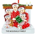 Personalized family of 5 Christmas resin ornament sitting by a fireplace with books - Five-Member Group