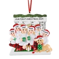 Personalized 2024 Christmas ornament for a family of 6 with a dog on white fireplace - 6-Member Family Style