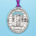 Silver oval angel memorial ornament with house engraving and purple ribbon for Christmas - Oval Gate Style