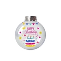 Hanging birthday ornament with Happy Birthday text, cake illustration and silver cap - Birthday Cake Style