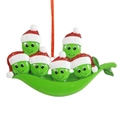 Peas in a pod Christmas ornament with five characters wearing red Santa hats and ribbon - Pea Family Style E (A561)