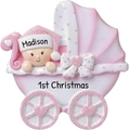 Ornamento passeggino rosa per il primo Natale con nome personalizzato e glitter rosa - Rosa