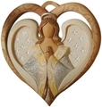 Close-up of heart-shaped resin hanging ornament with faceless praying angel and star wings - Praying Angel Heart Style
