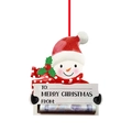 Detail of resin snowman ornament with Christmas hat, gift tag area and red hanging string - Snowman Style 2 Reading Newspaper Resin Pendant