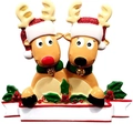 Christmas reindeer family ornament with customizable banner and festive red hats - Two Member Horizontal Reindeer (Machine Print)