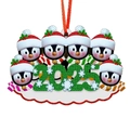 Close-up of 2025 family penguin ornament with six penguins and ribbon for hanging - 6 Penguins Style