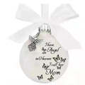 Memorial Christmas ball ornament for Mom with silver angel charm and white ribbon bow - MOM