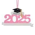 Pink glitter 2025 graduation ornament with black mortarboard hat and hanging ribbon - Pink