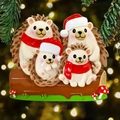 Christmas hedgehog family resin ornament with red Santa hats on a rustic log base - 4 Hedgehogs Style (ZB0031)