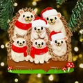 Detail of 3D resin hedgehog family ornament with Christmas hats and mushrooms - 6 Hedgehogs Style (ZB0031)