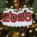2025 family snowman Christmas ornament with red glitter numbers and green hats - 6-head 2025 Resin Pendant Painting
