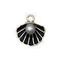 Shell charm with black enamel and central pearl inlay in golden alloy setting - Black Enamel Shell with Artificial Pearl