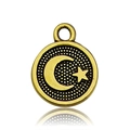 Vintage gold alloy circular pendant featuring embossed star and moon relief motifs - Antique Gold Moon Star (13565)