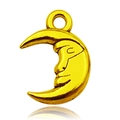 Golden crescent moon pendant with detailed human face relief and top hanging loop - Antique Gold Moon (13566)