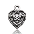Antique silver solid heart pendant with vintage scroll patterns and top bail ring - Antique Silver Scroll Texture Style (13337)