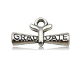 Detailed macro view of silver alloy diploma scroll charm with GRADUATE engraving and hanging loop - Graduation Diploma (10544)