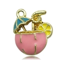 Pink tropical drink enamel pendant with blue umbrella and yellow lemon for DIY jewelry - Pink Coconut Drink (14962)