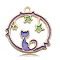 Starry sky purple cat silhouette pendant with golden frame and green glitter stars - Purple Round Starry Sky Hollow Cat Style (13309)