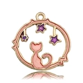 Pink cat pendant with purple stars in a golden circle for DIY jewelry making - Pink Round Starry Sky Hollow Cat Style (13350)