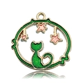 Golden cat silhouette charm with green enamel and pink stars for DIY jewelry - Green Round Starry Sky Hollow Cat Style (13546)