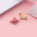 Saturn planet charm in gold metal and pink enamel finish for DIY jewelry making - Purple