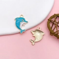Blue and white dolphin charm with gold trim for DIY jewelry making accessories - Lake Blue Enamel Alloy Dolphin Style (15783)