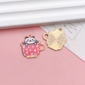 Cute pink tea cup cat pendant in gold finish for DIY jewelry and necklaces - KC Gold Base Pink Cup White Cat Style (16680)