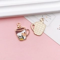 DIY cat in coffee cup alloy pendant showing front enamel art and gold textured back - KC Gold Base Brown Coffee Cup Cat Style (18086)