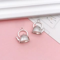 DIY silver metal teapot pendant charms for jewelry making on pink background - Antique Silver Alice Theme Small Teapot Style (B362)