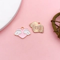 Pink heart pendant with white wings in rose gold alloy for DIY jewelry making - Pink Heart With Wings (14971)