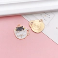 DIY enamel cat in a coffee cup charm with gold finish for necklaces and bracelets - KC Gold Base White Cup Black Cat Cafe Style (16962)