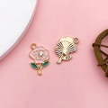 Pink enamel flower charm with green leaves and rhinestone in golden alloy DIY pendant - Pink Rose With Rhinestone (16691)