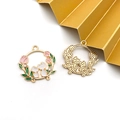 DIY charm jewelry pendant featuring white cats and pink tulip enamel floral wreath - Round Frame White Cat (16704)