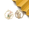 Golden flower frame pendant with white enamel cat and pink butterfly jewelry charm - Petal Shape Flower Cat (16707)