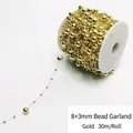 Cadena de cuentas doradas de 8+3mm para decoración DIY, rollo de 30 metros metálicos - Hilo de perlas artificiales de 8+3mm / 30 Metros/Rollo / Dorado